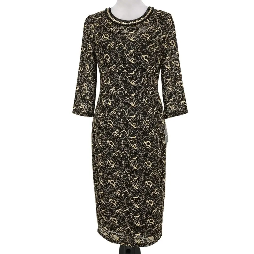 Liz Claiborne Dress Womens 6 Black Gold Lace Rhinestones Lined Formal New
